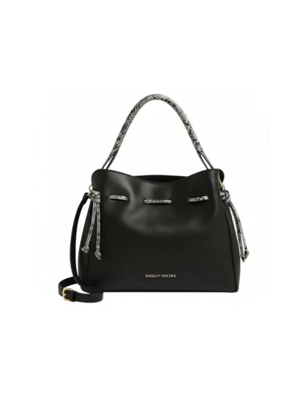 Badgley Mischka - Drawstring Bucket Tote Shoulder Bag Black Snake Print NWT